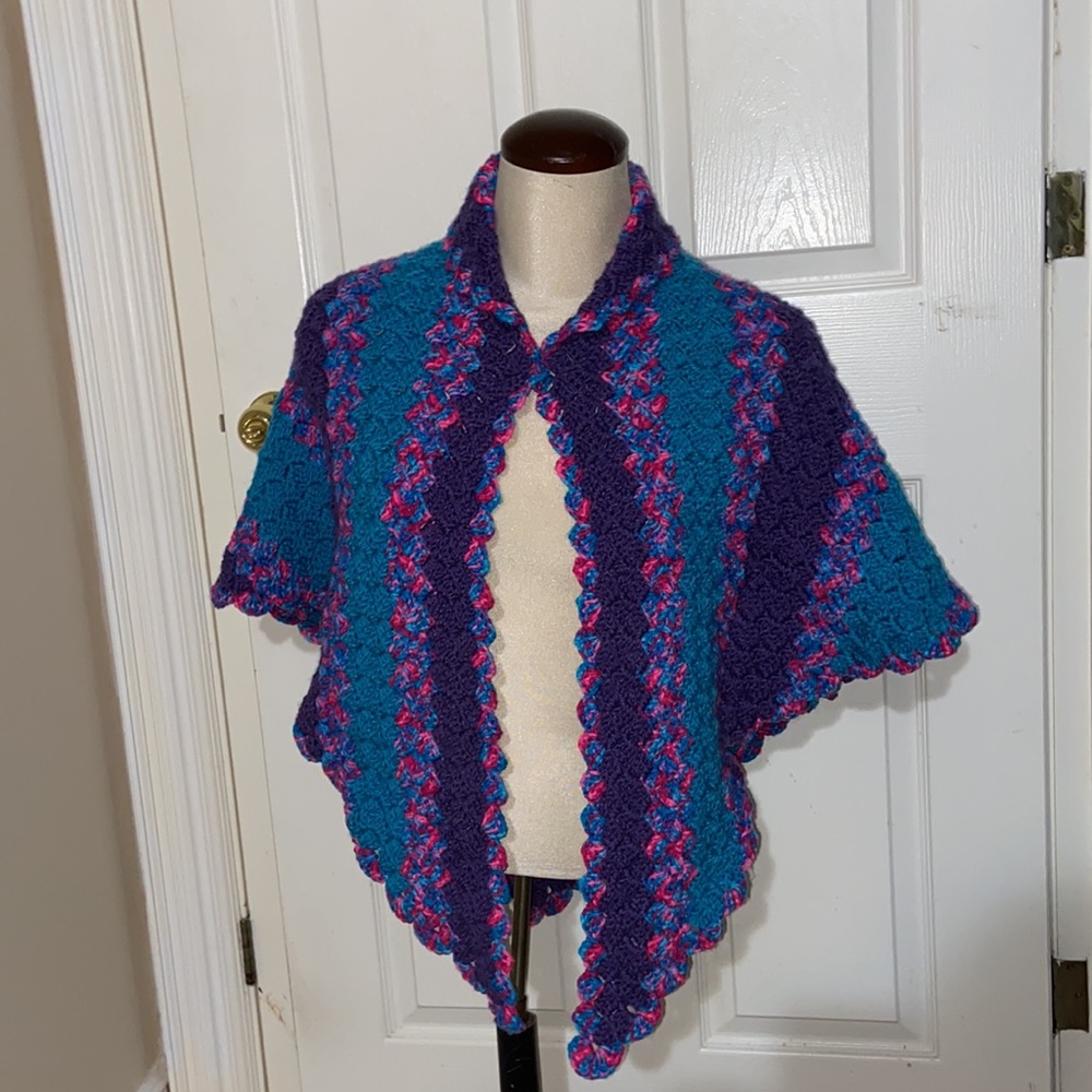 Hand Crocheted Triangular Shawl Purple Pink Turquoise